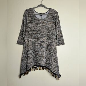 Heather Black/Gray Women's Knit Tunic Fringe Vintage Y2K Large Asymmetrical